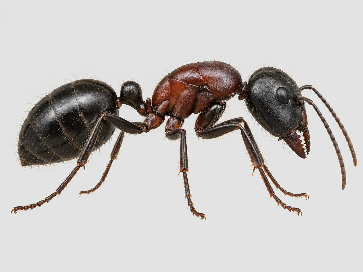 Grosse fourmi noire charpentière du genre Camponotus, vue de profil